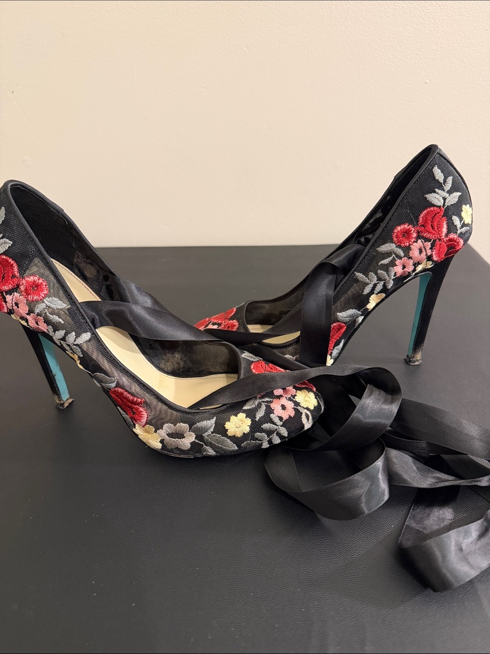 Betsey Johnson Black Floral Embroidered Satin Tie Heels